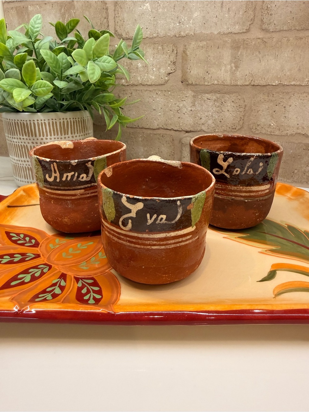 Vintage Handmade Mexican Barrio Cups Terracotta Handpainted
